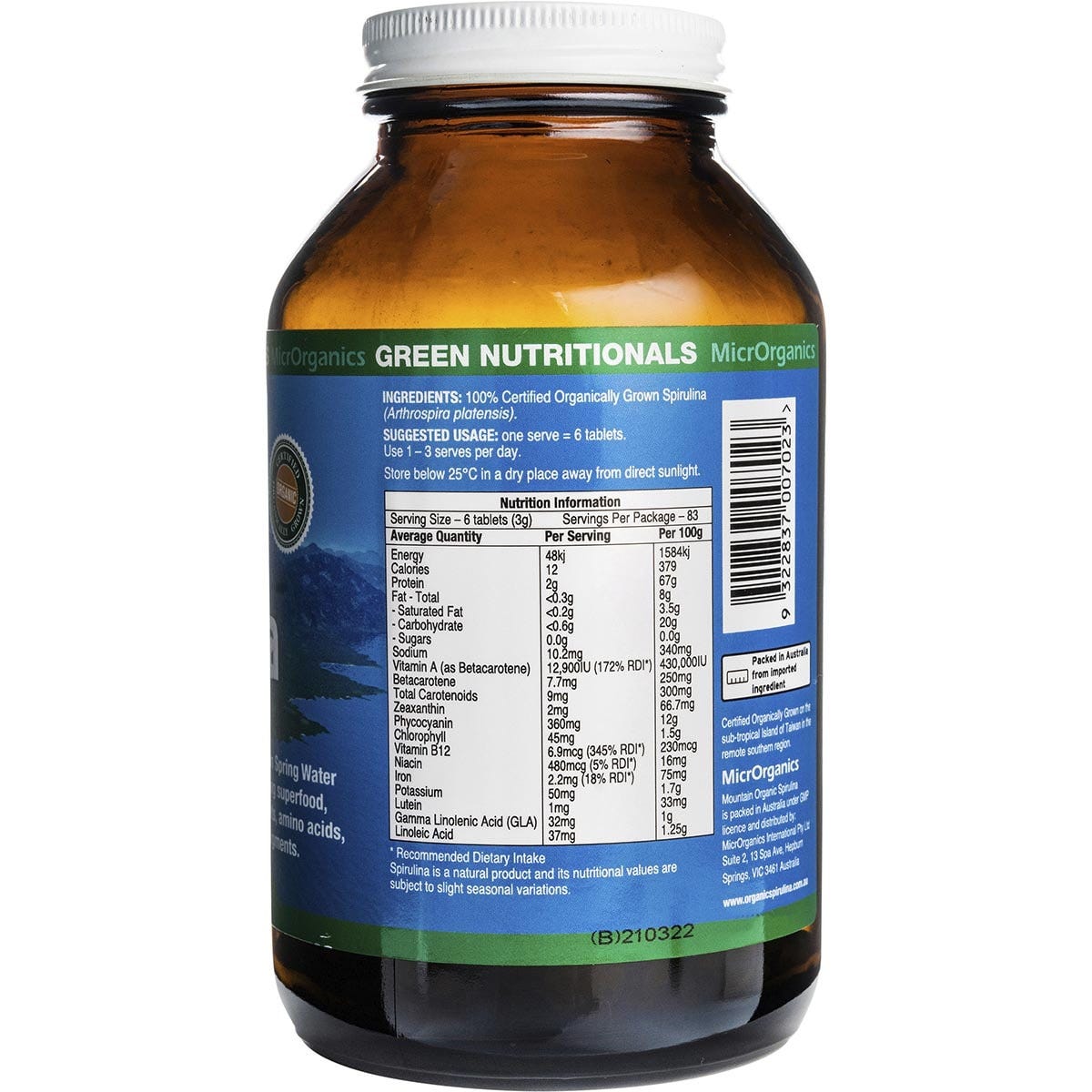 Green Nutritionals Mountain Organic Spirulina Tablets 500mg 500 Tabs Payless 4 Organics
