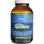 500 count bottle of Green Nutritionals Mountain Organic Spirulina 500mg tablets on a white background.