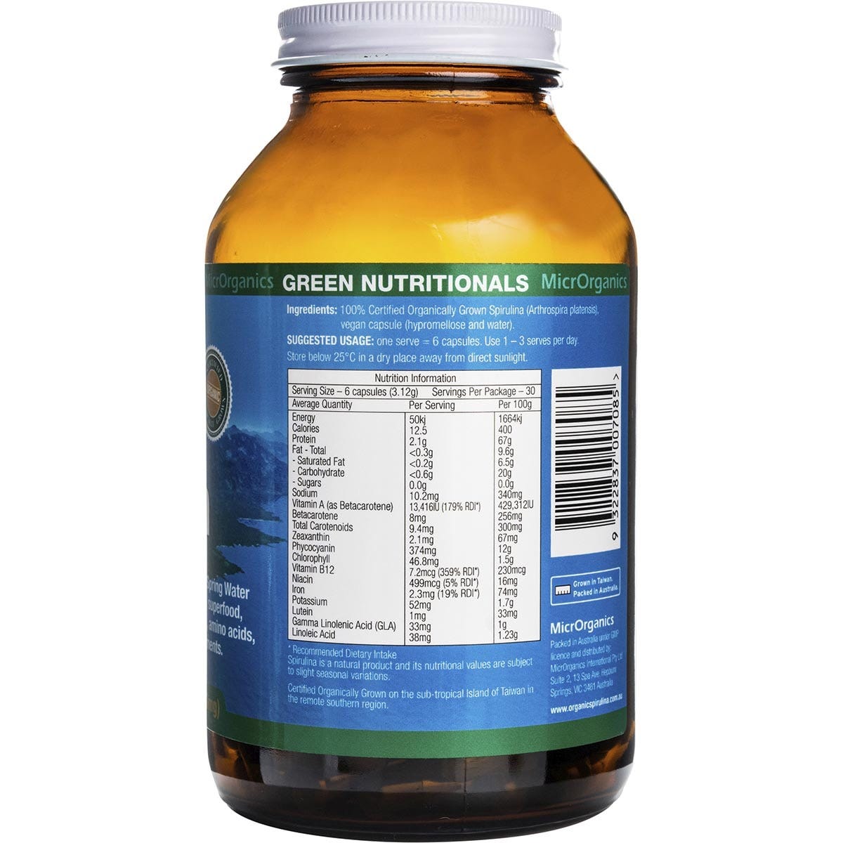 Side view of a 180-capsule bottle of Green Nutritionals Spirulina highlighting pure and organic ingredients.