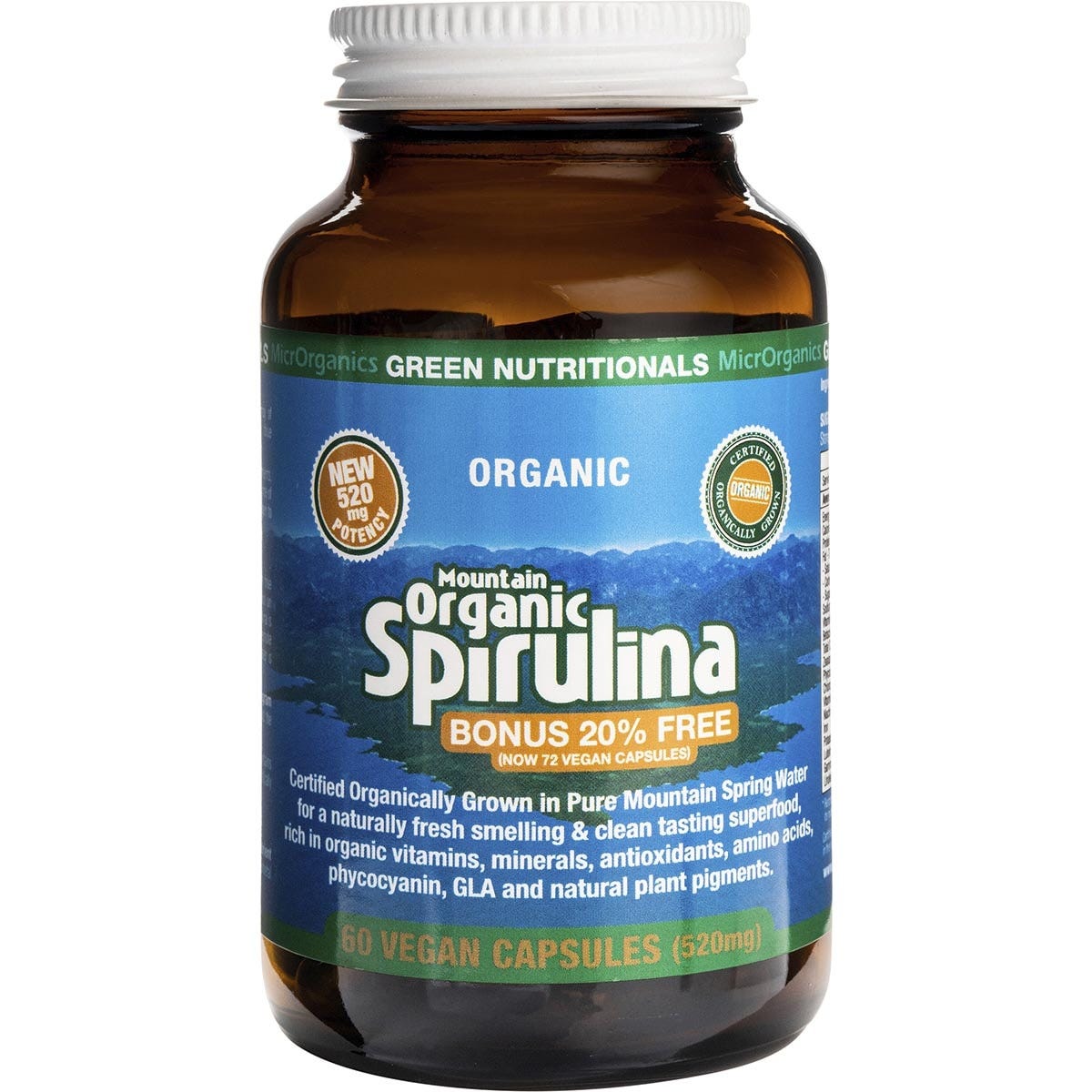 60 Green Nutritionals Mountain Organic Spirulina 520mg vegan capsules in an amber glass bottle with a green label.