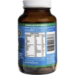 Side of a Green Nutritionals Mountain Organic Spirulina 60-capsule bottle showing nutritional info and organic certification.