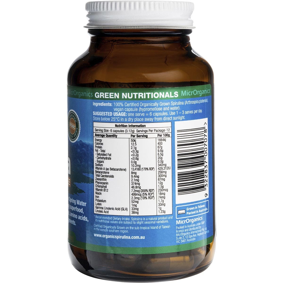 Side of a Green Nutritionals Mountain Organic Spirulina 60-capsule bottle showing nutritional info and organic certification.