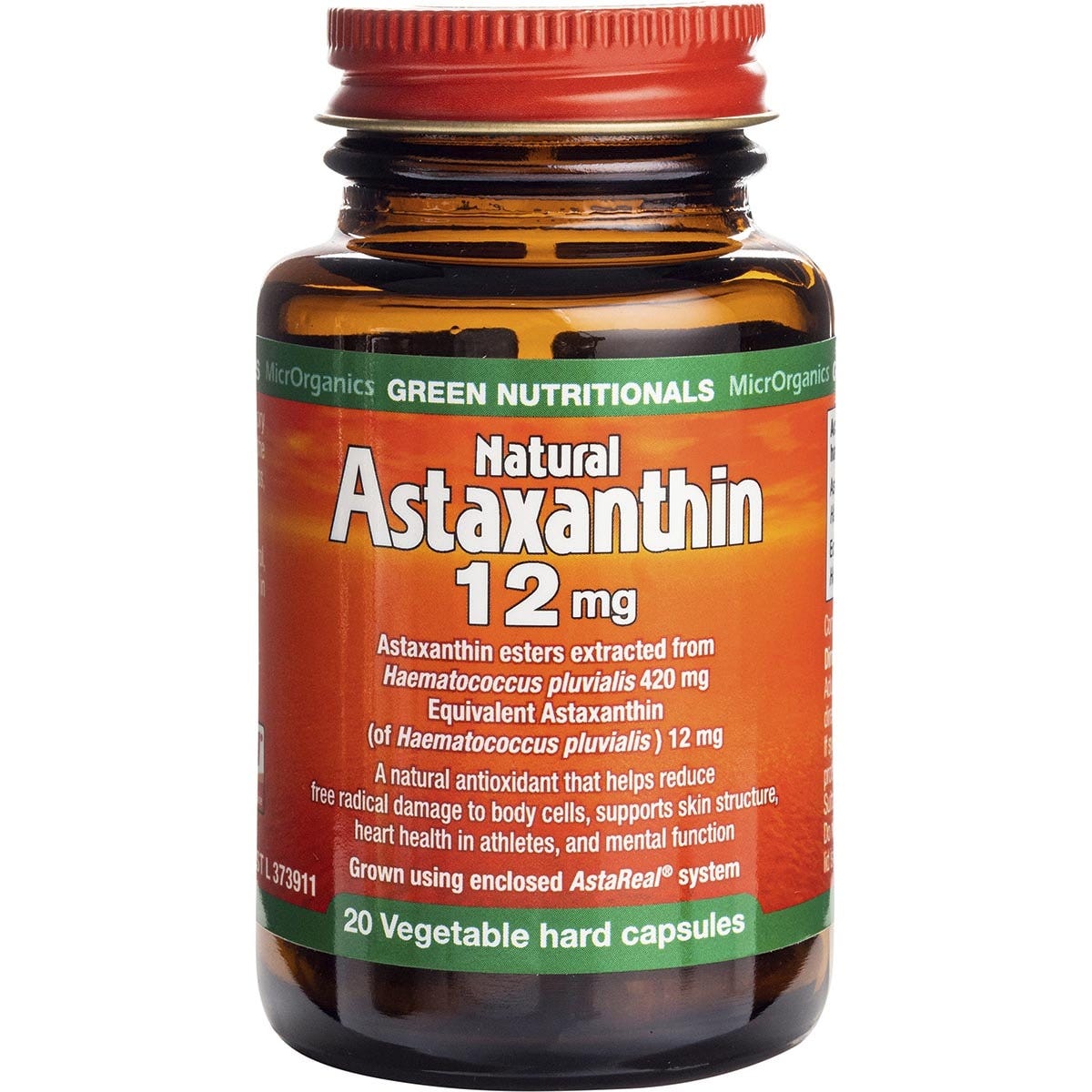 Green Nutritionals Natural Astaxanthin 12mg 20 vegan capsules in a white tub with orange and black label.