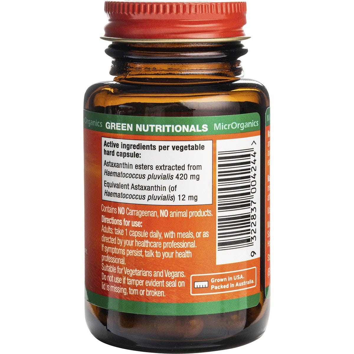 Side view of Green Nutritionals Natural Astaxanthin 12mg tub highlighting its antioxidant and anti-inflammatory benefits.