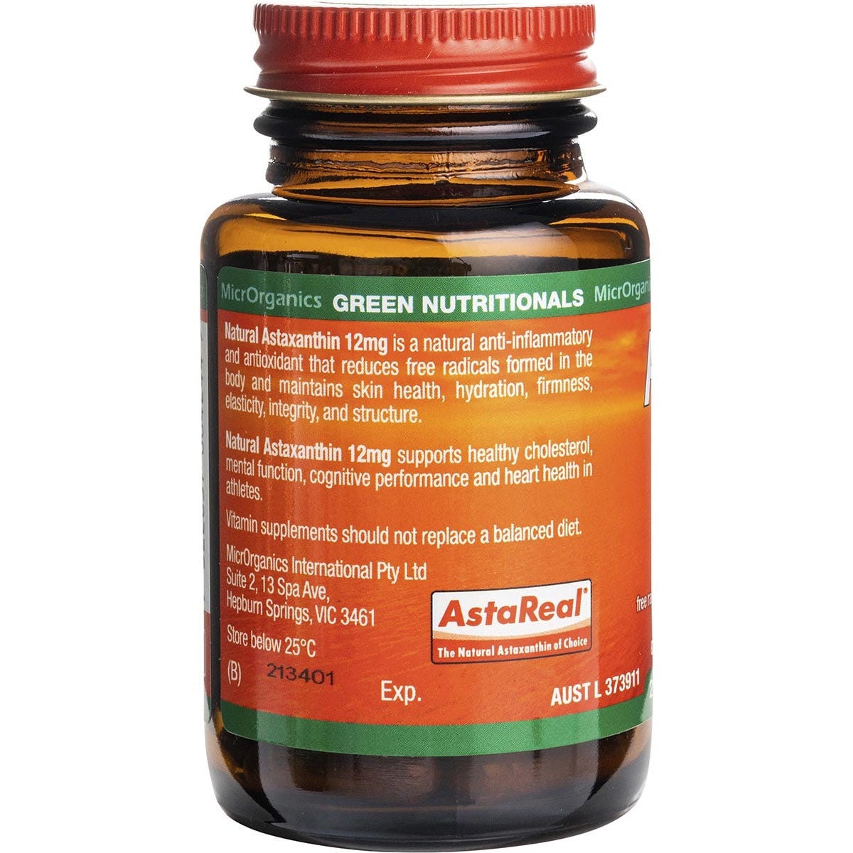 White Green Nutritionals 12mg Natural Astaxanthin tub with a black and orange label on a white background.