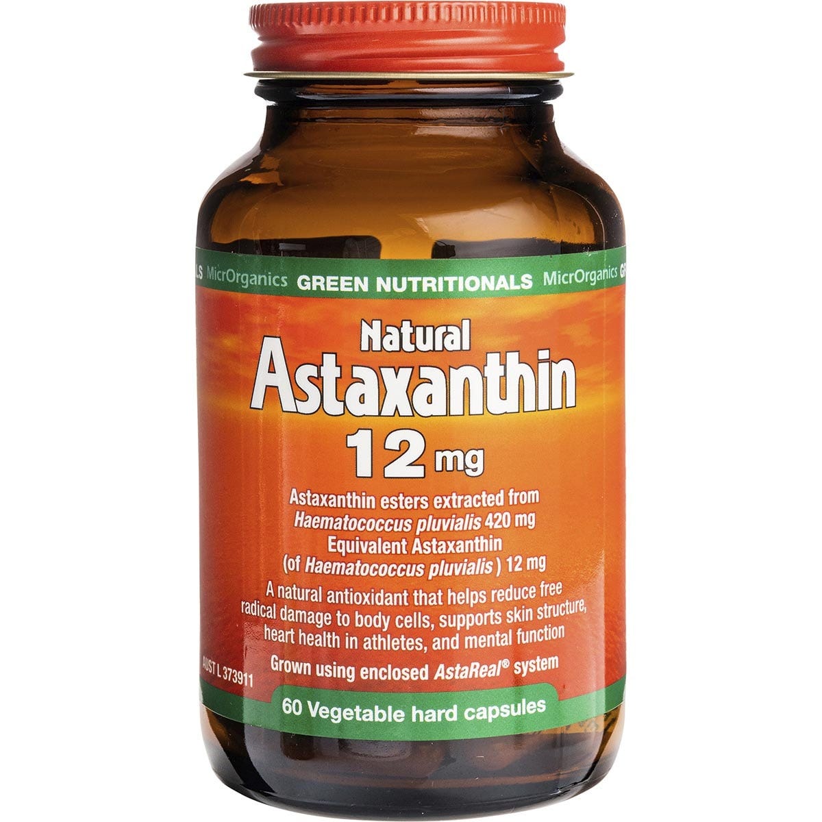 60-count bottle of Green Nutritionals Natural Astaxanthin 12mg vegan capsules on a white background.
