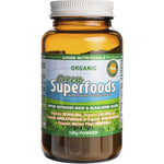 Green Nutritionals Organic Green Superfoods 120g powder tub with a green label featuring leaf illustrations.