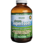 450g tub of Green Nutritionals Organic Green Superfoods Powder featuring a green label with botanical illustrations.