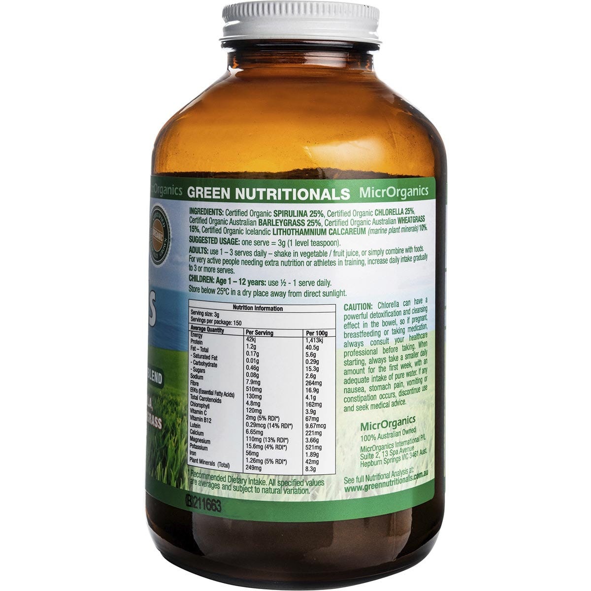 Side view of Green Nutritionals Organic Green Superfoods 450g tub showing directions for use and nutrition facts.