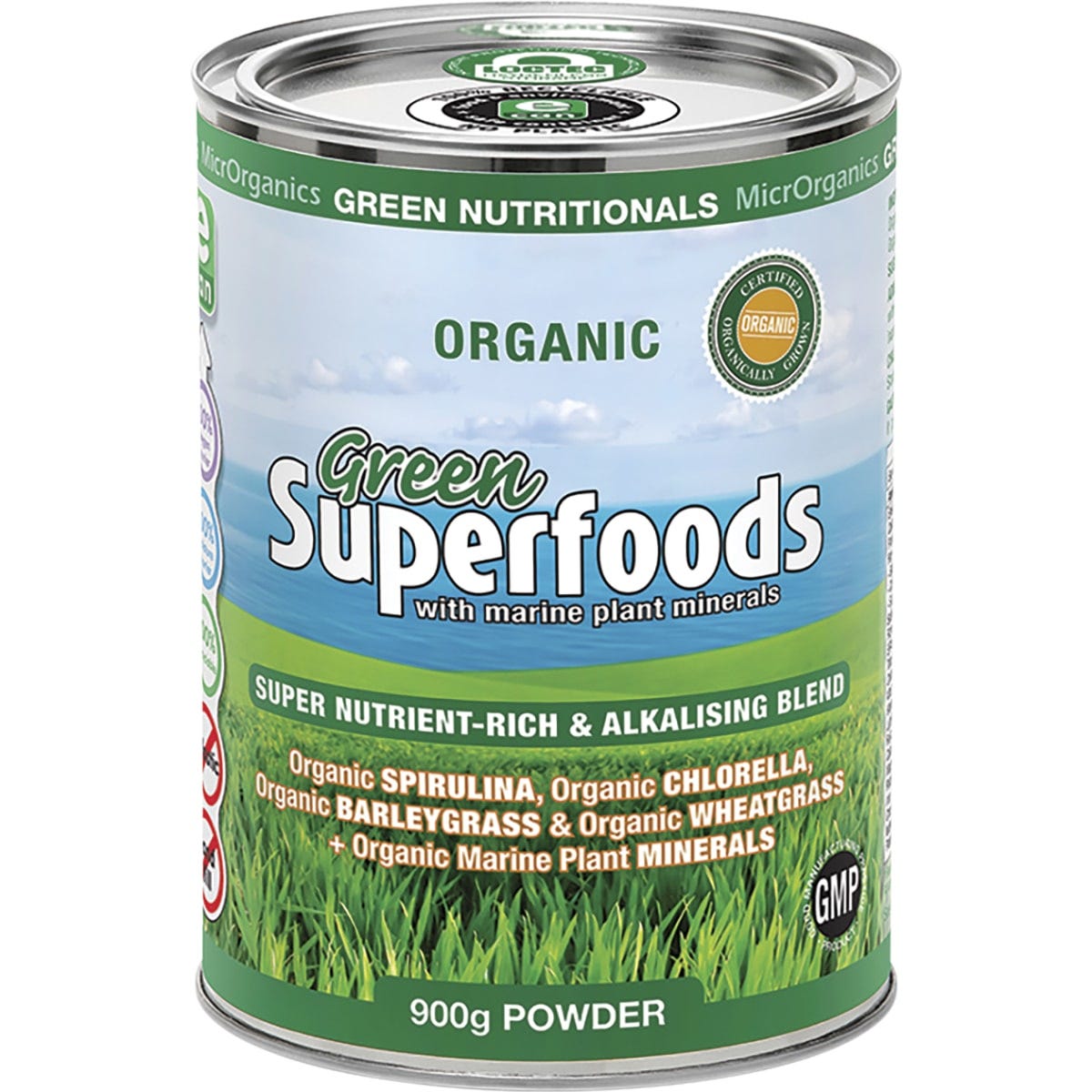 900g tub of Green Nutritionals Organic Green Superfoods Powder featuring a green label on a white background.