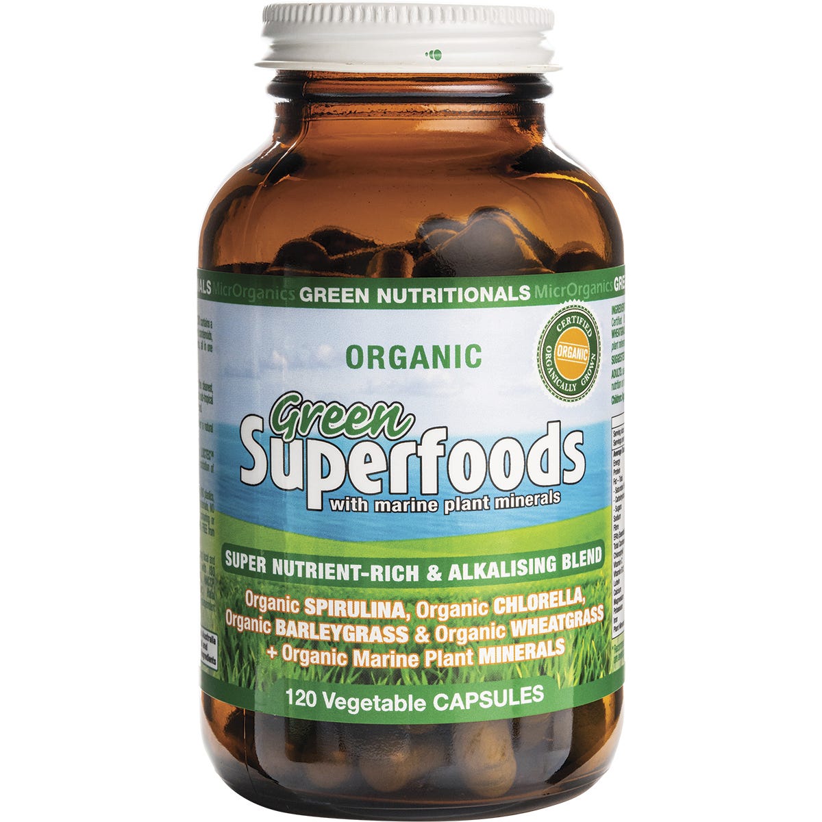 Bottle of 120 Green Nutritionals Organic Green Superfoods 600mg vegan capsules with a green and white label.