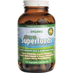 Bottle of 120 Green Nutritionals Organic Green Superfoods 600mg vegan capsules with a green and white label.