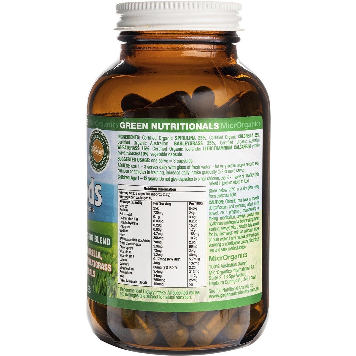 Back of Green Nutritionals Organic Superfoods 120 capsules bottle showing nutrition facts and ingredients.