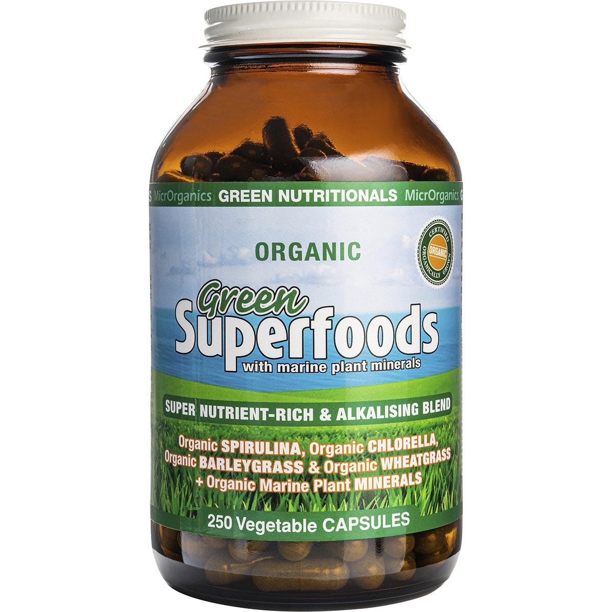 Green Nutritionals Organic Green Superfoods 250 vegan capsules in a glass bottle with a green label.