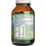 Side view of Green Nutritionals Organic Green Superfoods 250 capsules bottle showing nutritional information.
