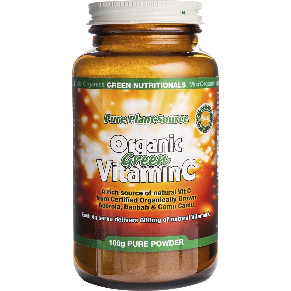 100g tub of Green Nutritionals Organic Green Vitamin C powder with acerola, baobab, and camu camu on a white background.