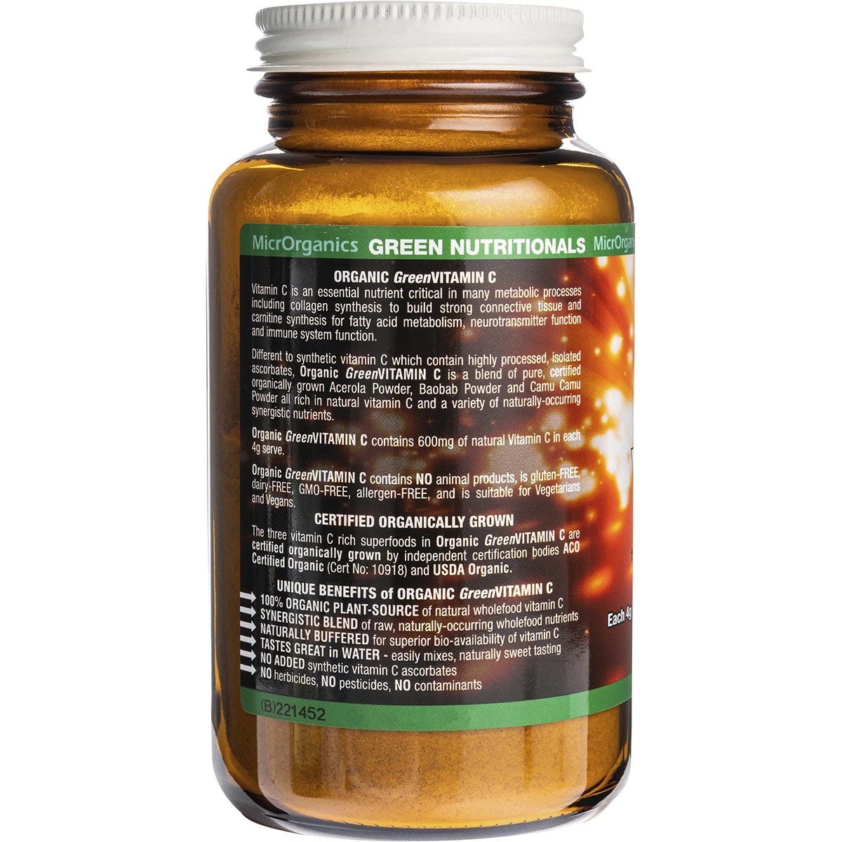 Green Nutritionals Organic Green Vitamin C Powder 600mg 100g Payless 4 Organics