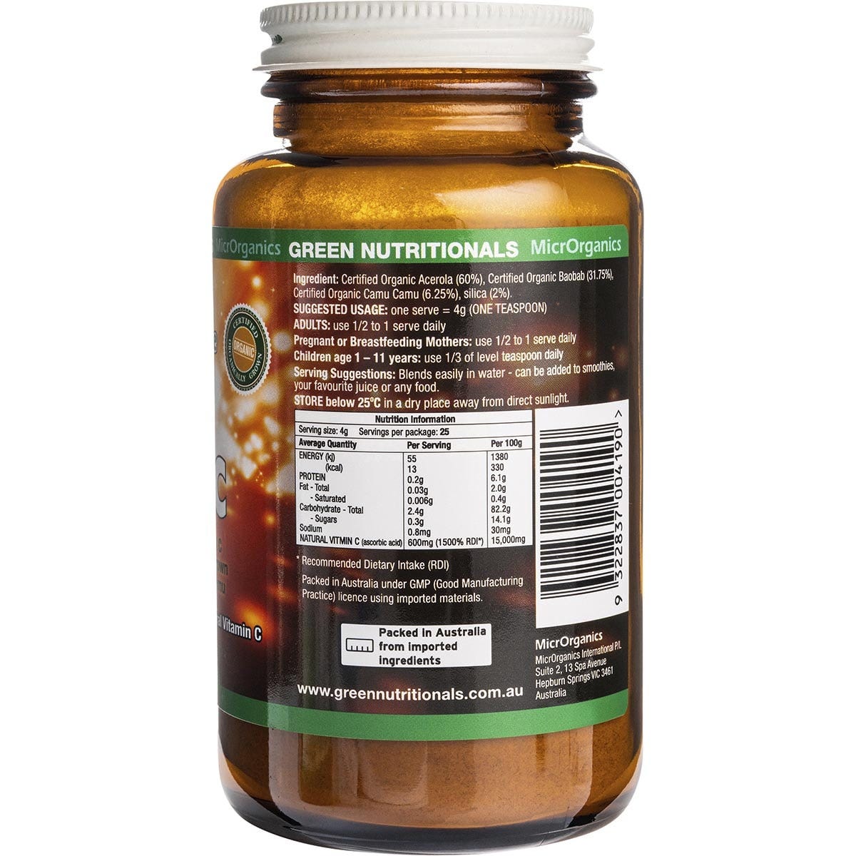 Side view of a 100g Green Nutritionals Vitamin C powder tub showing nutritional facts and usage directions.