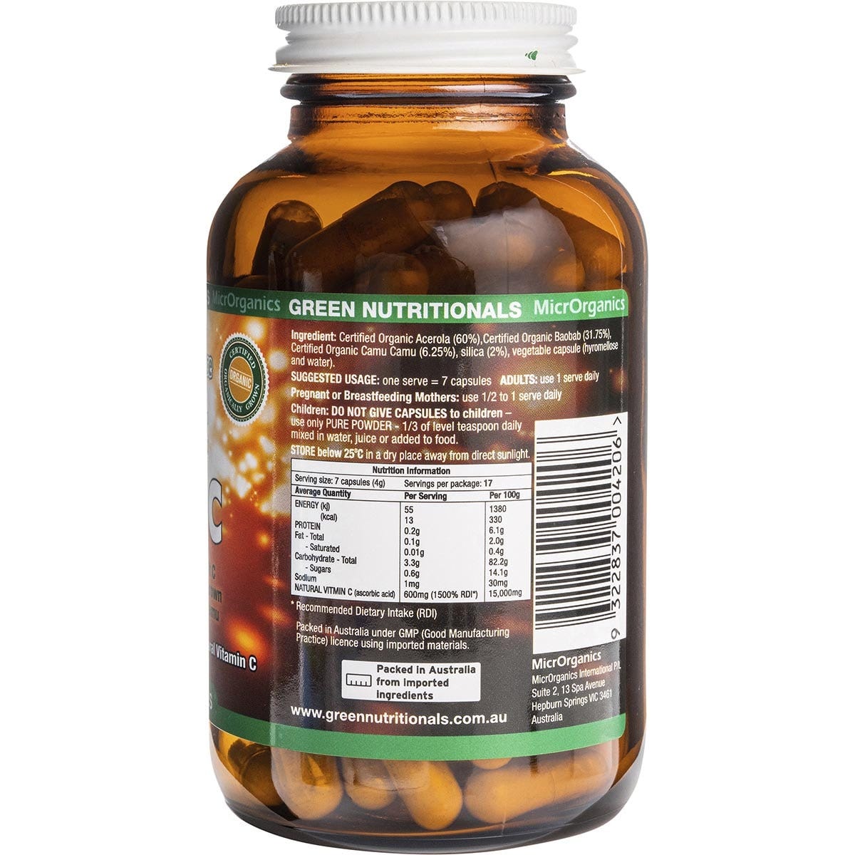 Side view of Green Nutritionals Organic Green Vitamin C 120 capsules glass bottle with a green and white label.