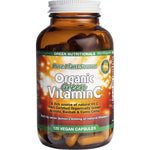 120 vegan capsules of Green Nutritionals Organic Green Vitamin C 600mg in a glass bottle with a green label.