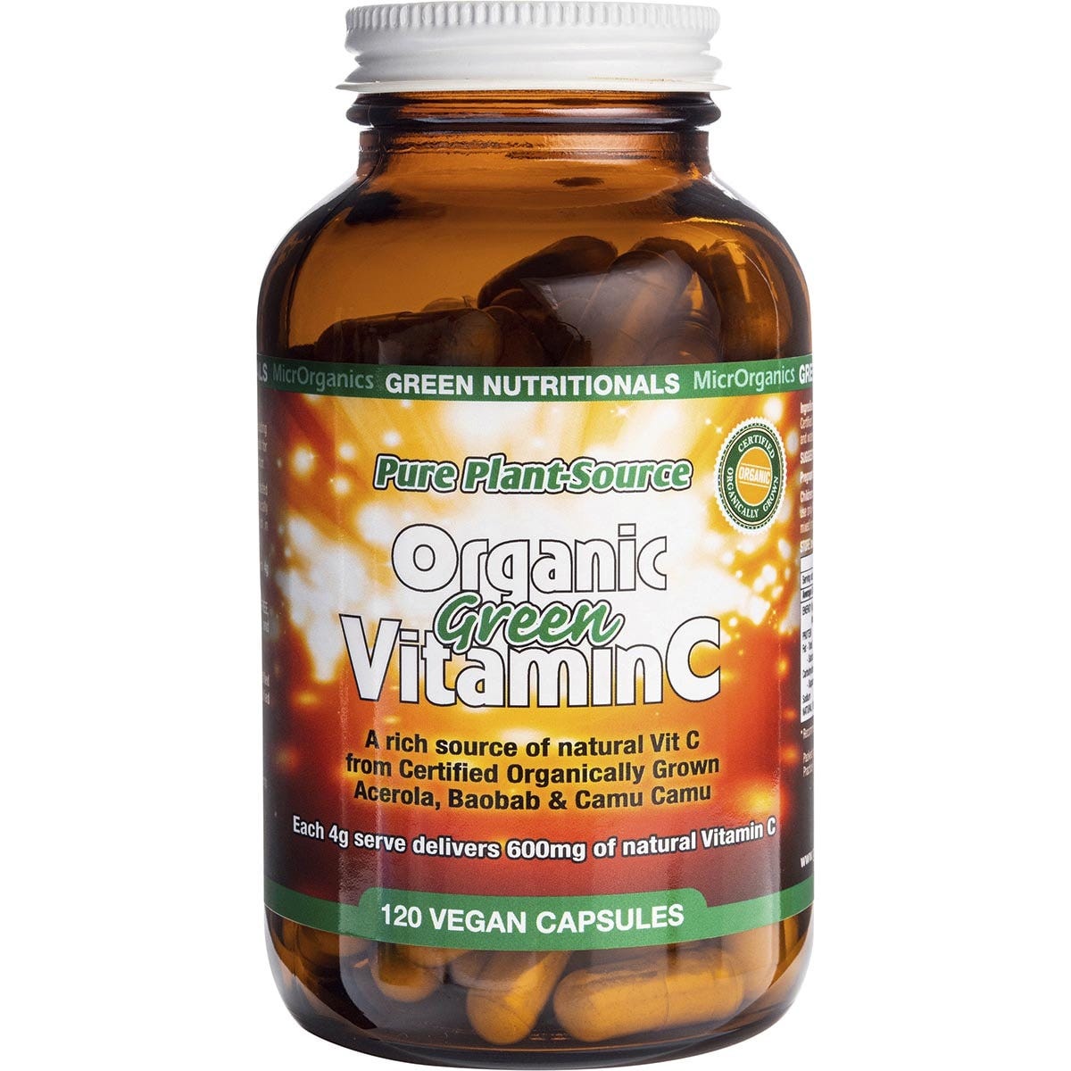 120 vegan capsules of Green Nutritionals Organic Green Vitamin C 600mg in a glass bottle with a green label.