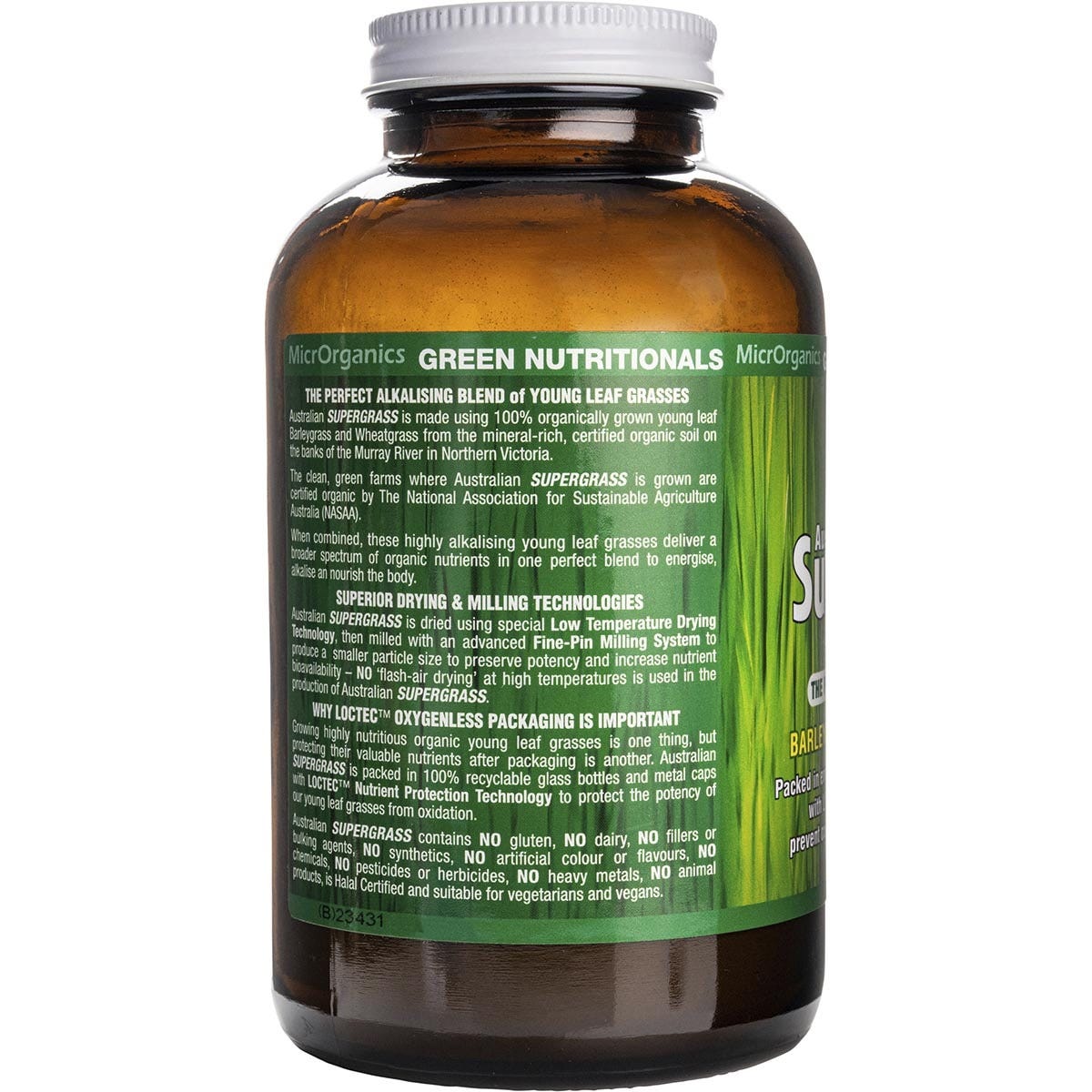 Green Nutritionals Organic Supergrass Powder 200g tub with barleygrass and wheatgrass illustrations.