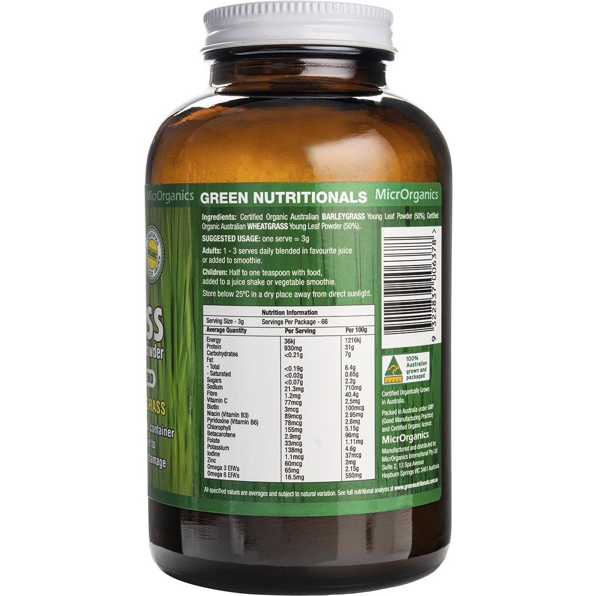 200g tub of Green Nutritionals Organic Supergrass Powder featuring barleygrass and wheatgrass illustrations.