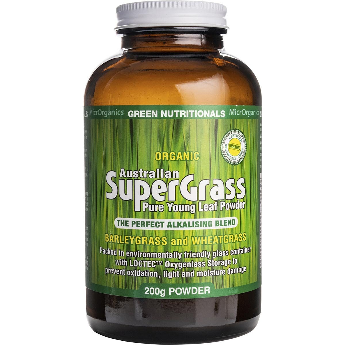 Green Nutritionals Organic Supergrass Powder 200g tub with barleygrass and wheatgrass illustrations.