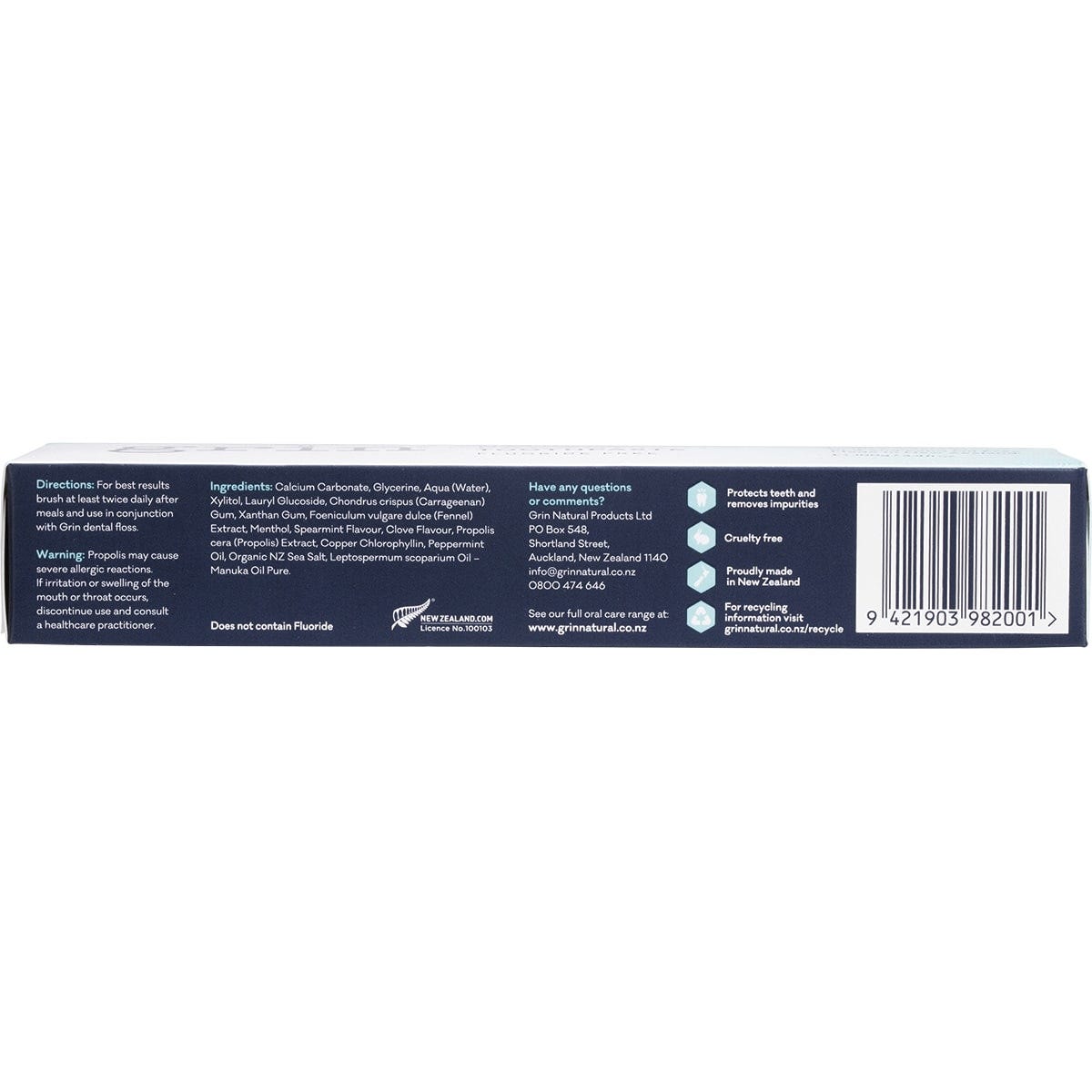 Right side of Grin Freshening Toothpaste box showing product details and a palm oil-free certification logo.