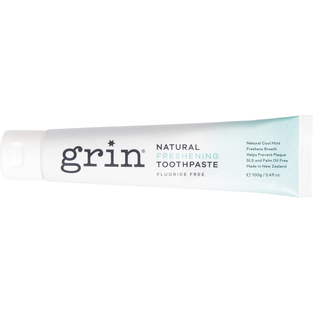Grin Toothpaste Freshening 100g tube featuring a cool mint design on a white background.