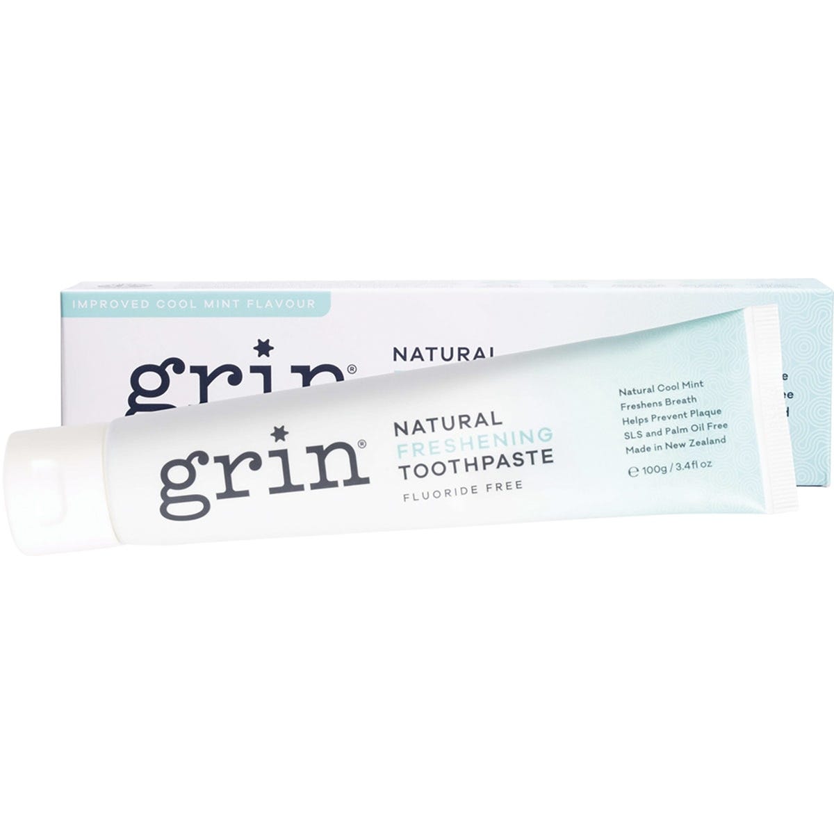 Grin Toothpaste Freshening 100g tube and box featuring a cool mint design and natural ingredients on a white background.