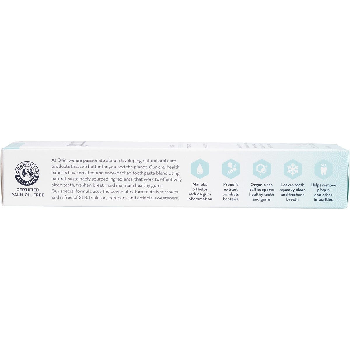 Back of Grin Freshening Toothpaste box showing active ingredients, directions for use, and a "Made in NZ" logo.