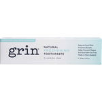 Side view of a Grin Freshening Toothpaste 100g box highlighting natural ingredients and a "Made in NZ" logo.
