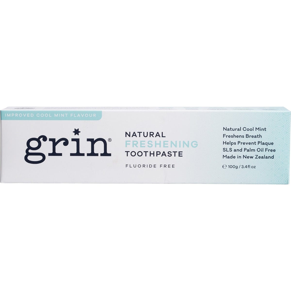 Side view of a Grin Freshening Toothpaste 100g box highlighting natural ingredients and a "Made in NZ" logo.