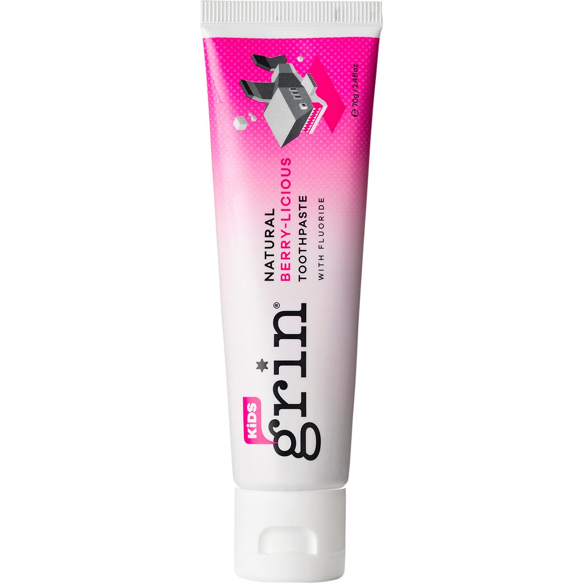 70g tube of Grin Kids Berry-Licious toothpaste with fluoride featuring a red cap and colorful berry illustrations.