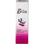 70g tube and box of Grin Kids Berry-Licious fluoride toothpaste with red caps and colorful berry illustrations.
