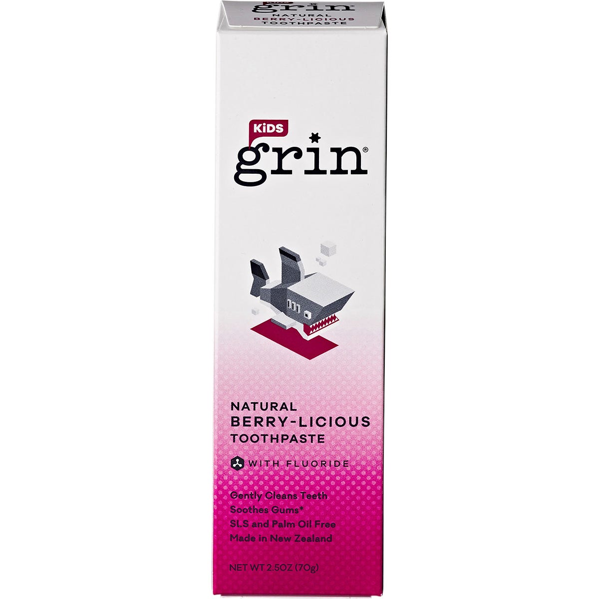 70g tube and box of Grin Kids Berry-Licious fluoride toothpaste with red caps and colorful berry illustrations.