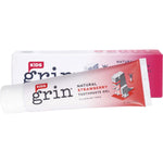 70g tube of Grin Kids 100% Natural Strawberry toothpaste with a dinosaur illustration on a white background.