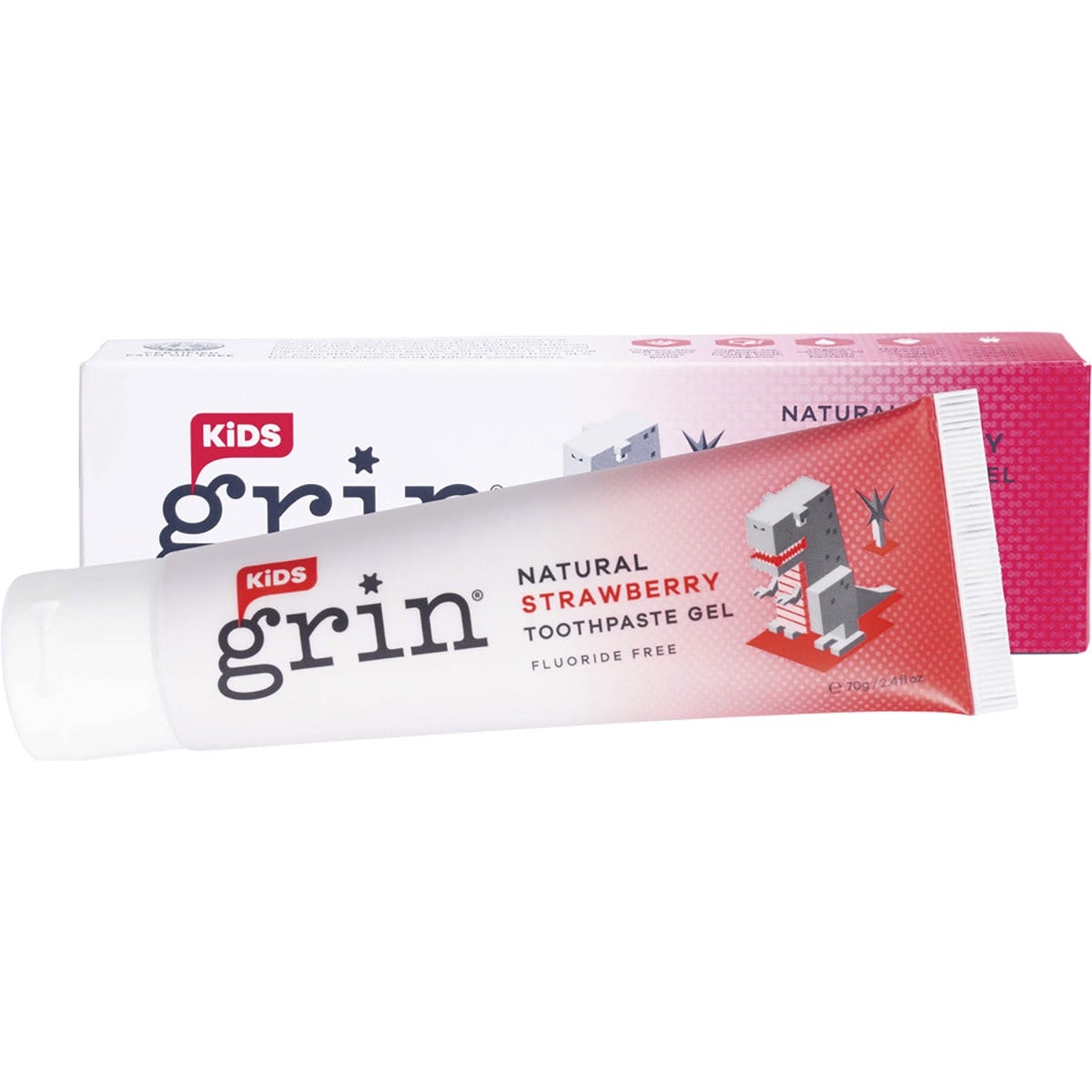 70g tube of Grin Kids 100% Natural Strawberry toothpaste with a dinosaur illustration on a white background.