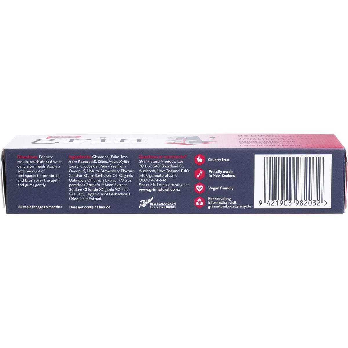 Back of Grin Kids Strawberry Toothpaste box showing product benefits, usage directions, and full ingredient list.