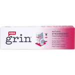 Side view of Grin Kids Strawberry Toothpaste 70g box showing ingredients and organic certifications.