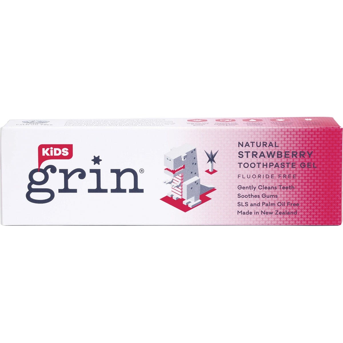 Side view of Grin Kids Strawberry Toothpaste 70g box showing ingredients and organic certifications.
