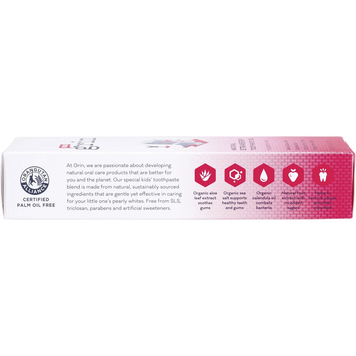 Side view of Grin Kids Strawberry Toothpaste box highlighting organic ingredients and New Zealand made origin.