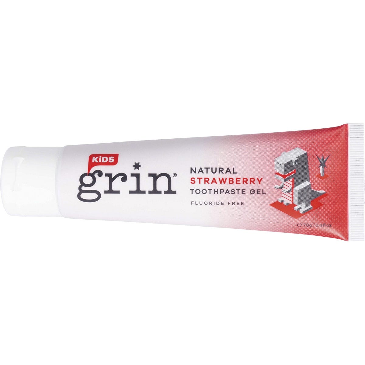Grin Kids Natural Strawberry Toothpaste 70g tube featuring a dinosaur and fruit on a white background.