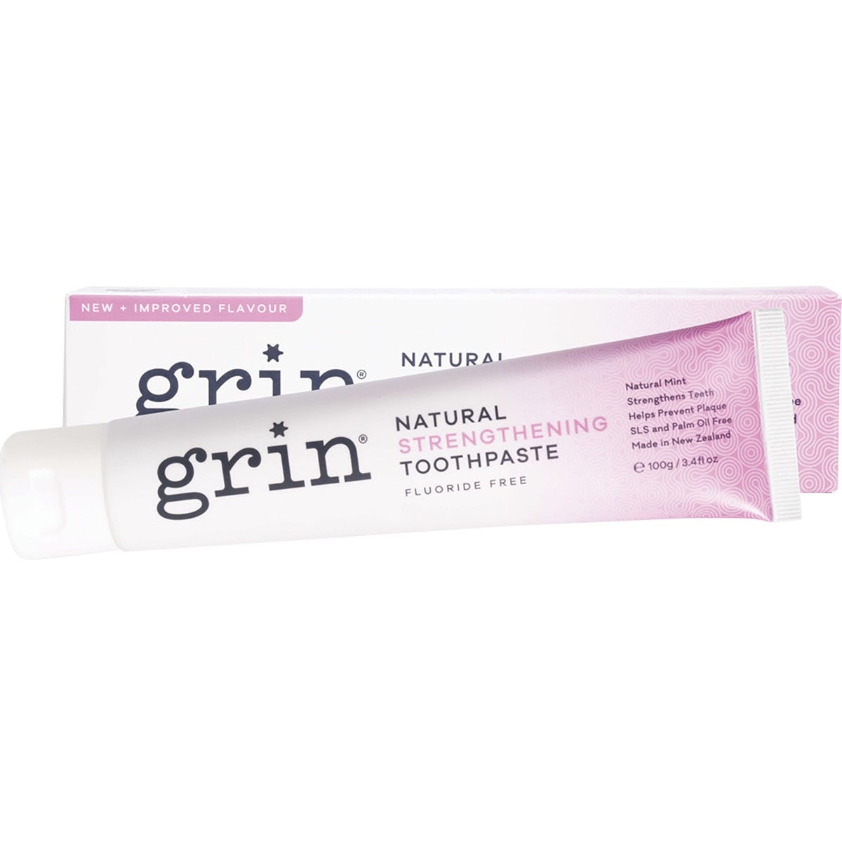 Grin Strengthening Toothpaste 100g tube and box featuring natural mint flavor and hydroxyapatite for enamel repair.