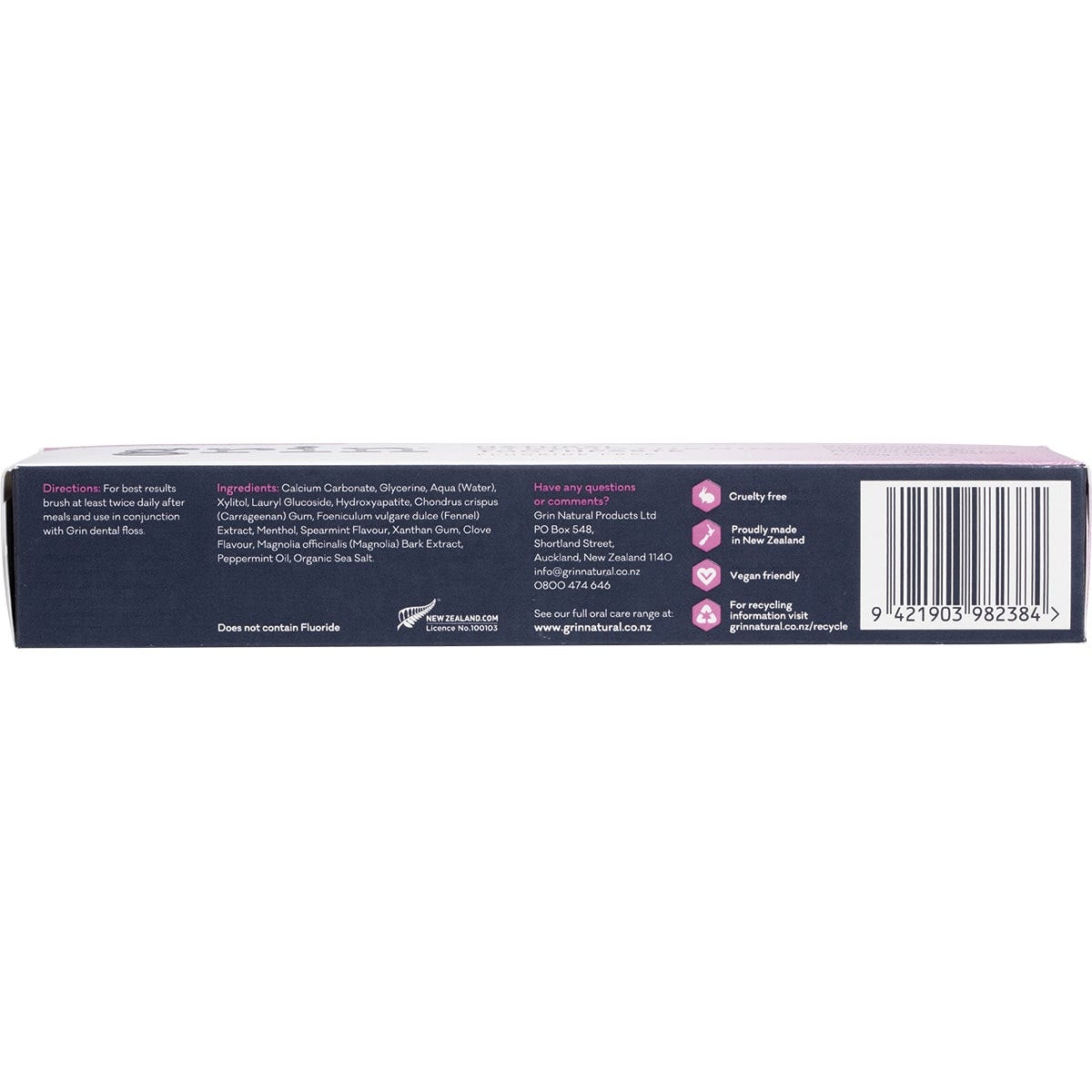 Side view of Grin Strengthening Toothpaste box showing natural ingredients and fluoride-free benefits.
