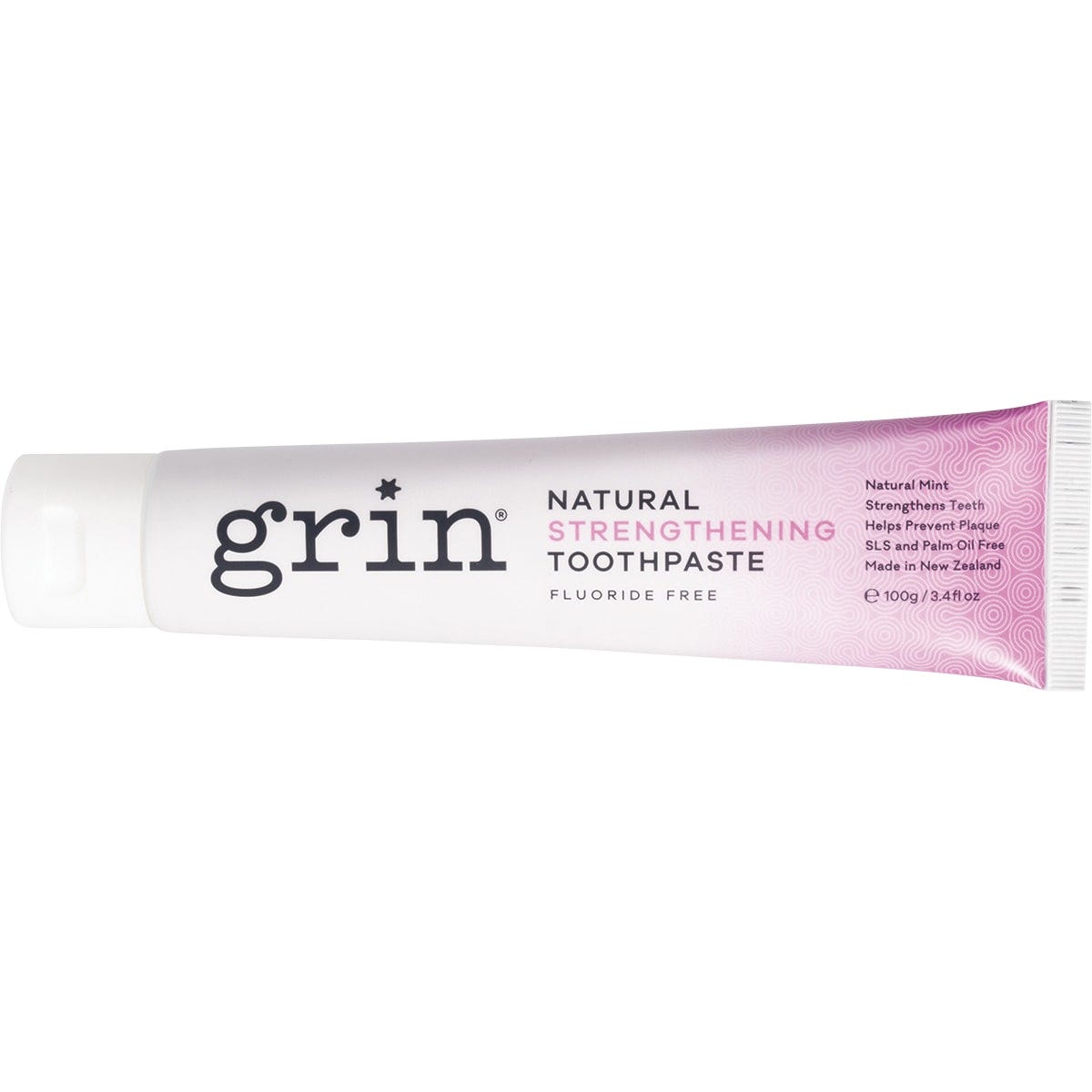 Grin Strengthening Toothpaste 100g tube in white and blue packaging on a plain white background.