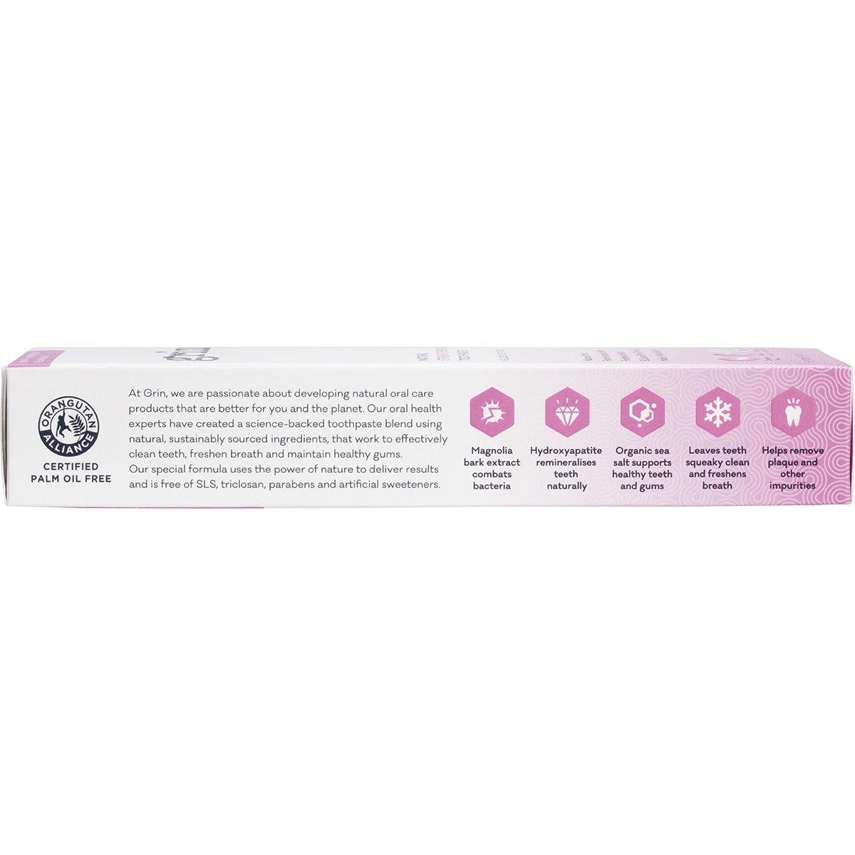 Back of Grin Strengthening Toothpaste 100g box with ingredients, directions, and New Zealand made logo.