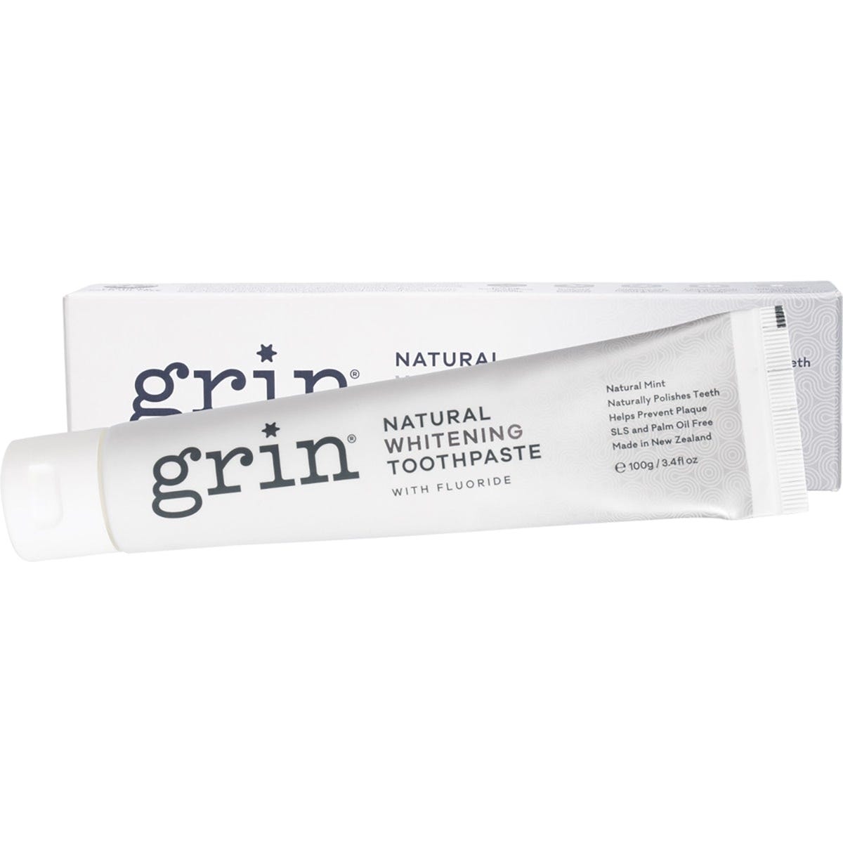 100g tube of Grin Natural Whitening Toothpaste with Fluoride in a light blue and white box.