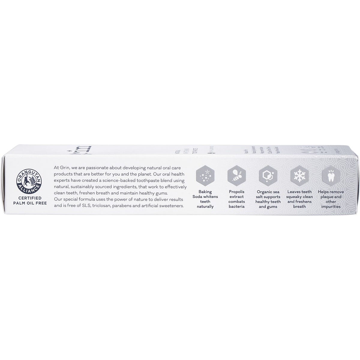 Back of Grin Whitening with Fluoride box showing directions, caution, and ingredients.